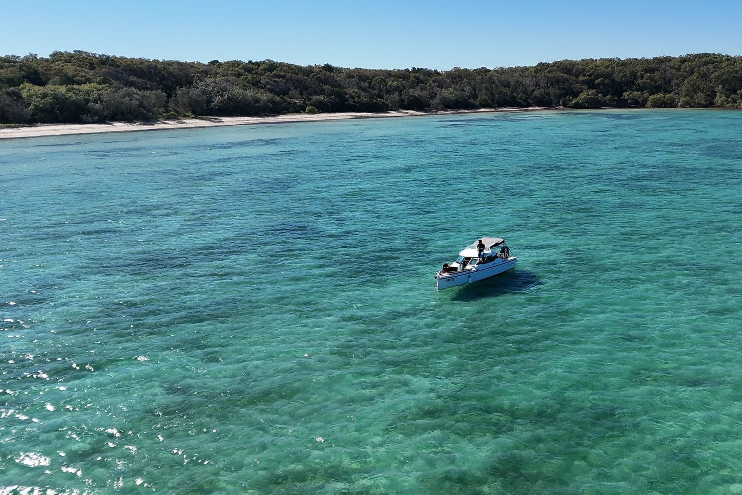 The Sea La Vie boat at anchor alone on clear turquoise shallows off a wooded island shore, guests aboard