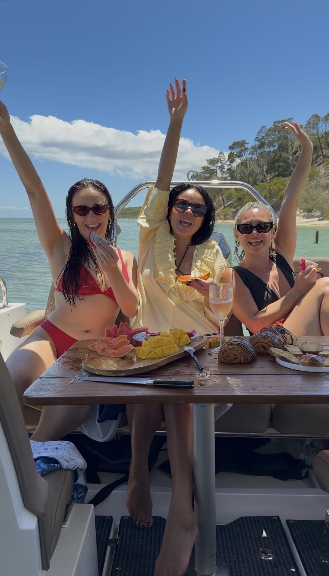 Guests cheering around the cockpit table loaded with a fruit platter and pastries
